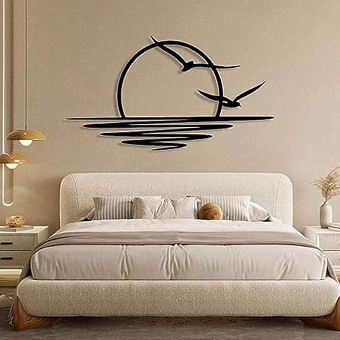 Sunrise and Seagulls Metal Wall Art – Abstract Sunset Minimalist Line Art