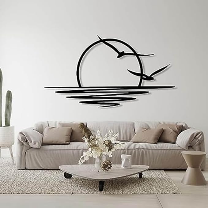Sunrise and Seagulls Metal Wall Art – Abstract Sunset Minimalist Line Art