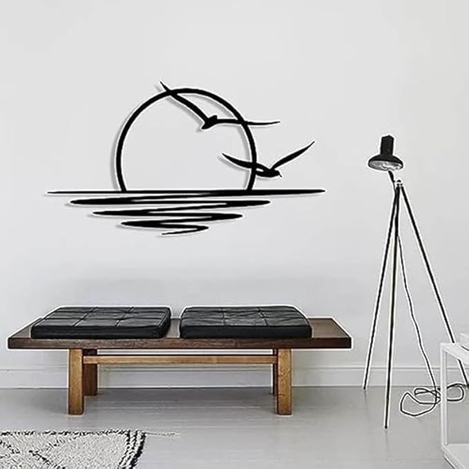 Sunrise and Seagulls Metal Wall Art – Abstract Sunset Minimalist Line Art