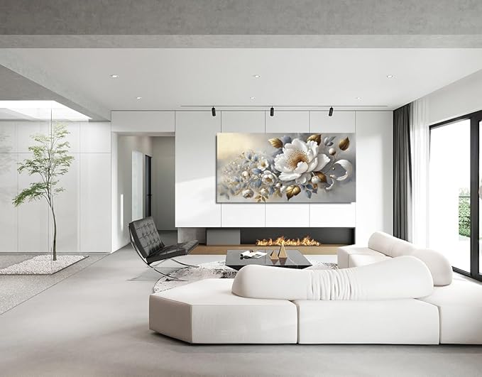 White Floral Canvas Flower Wall Art – Large 20x40 Inch Contemporary Print