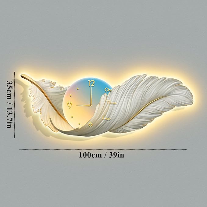 Large Feather Wall Hanging Decor with LED Light & Clock – Boho Plume Wall Sculpture
