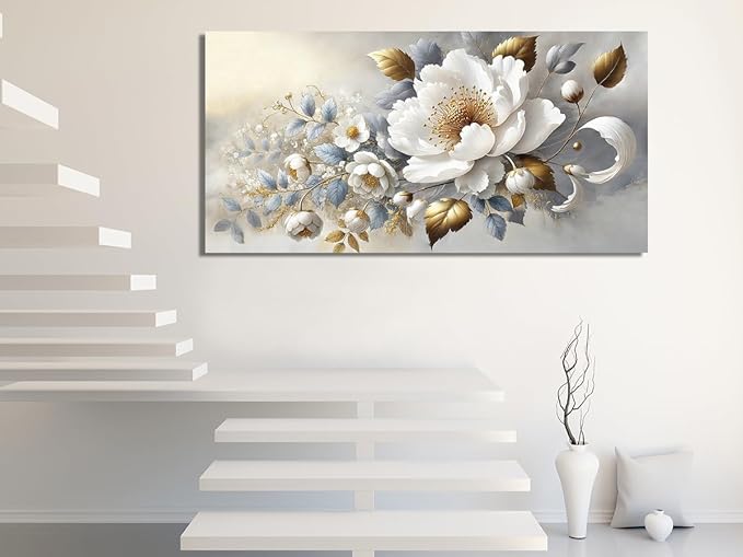 White Floral Canvas Flower Wall Art – Large 20x40 Inch Contemporary Print
