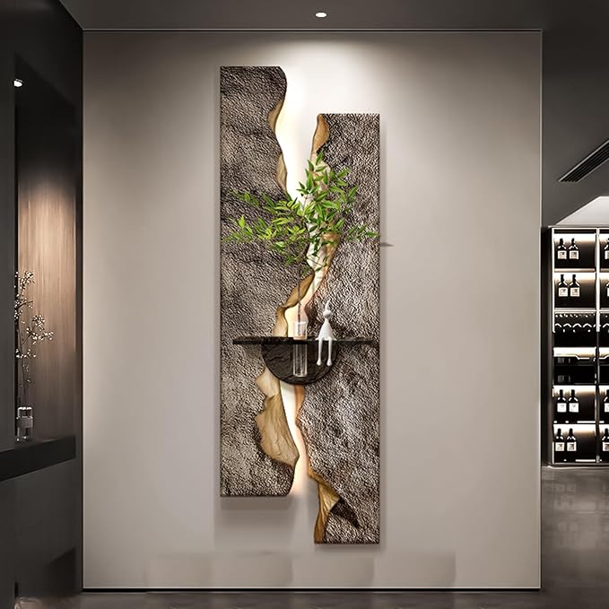 3D Sandstone Wall Art Sculpture with LED Light & Hydroponic Greenery – Textural Hanging Decor