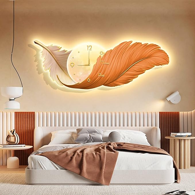 Large Feather Wall Hanging Decor with LED Light & Clock – Boho Plume Wall Sculpture