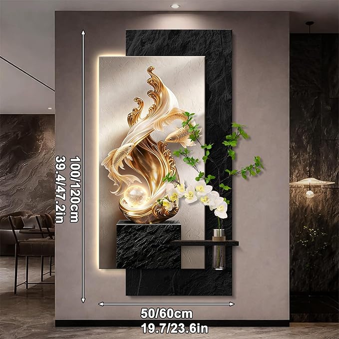 3D Sandstone Wall Art Painting with LED & Simulation Green Plant – Textural Sculpture Hanging Decor