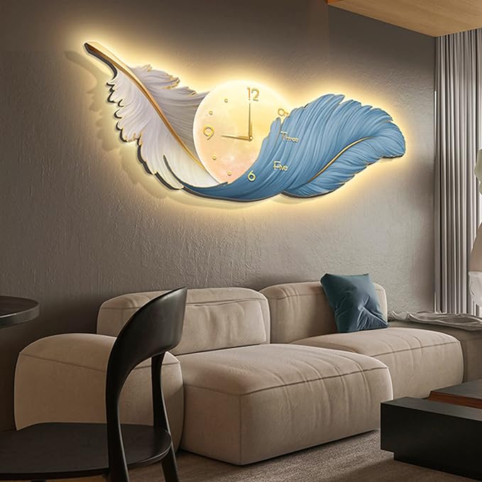 Large Feather Wall Hanging Decor with LED Light & Clock – Boho Plume Wall Sculpture