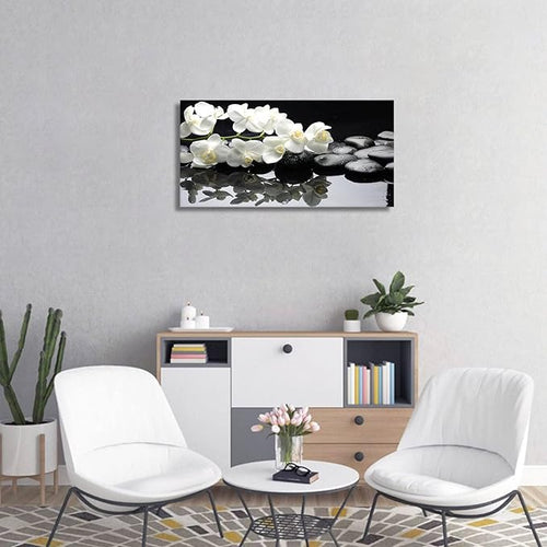 Black and White Orchid Flower Canvas Wall Art – Modern Large Framed 24x48 Inch Artwork