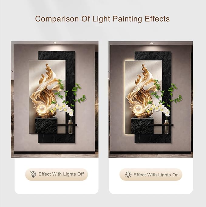 3D Sandstone Wall Art Painting with LED & Simulation Green Plant – Textural Sculpture Hanging Decor