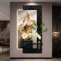 3D Sandstone Wall Art Painting with LED & Simulation Green Plant – Textural Sculpture Hanging Decor