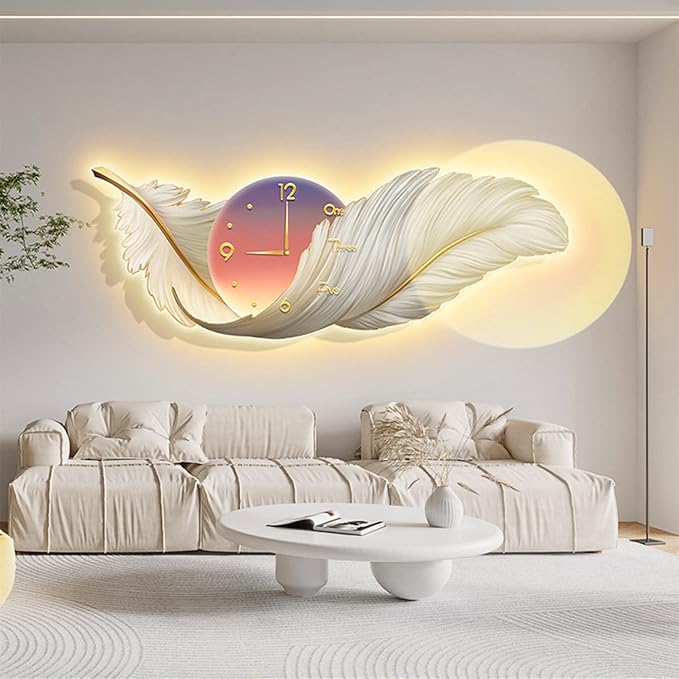 Large Feather Wall Hanging Decor with LED Light & Clock – Boho Plume Wall Sculpture