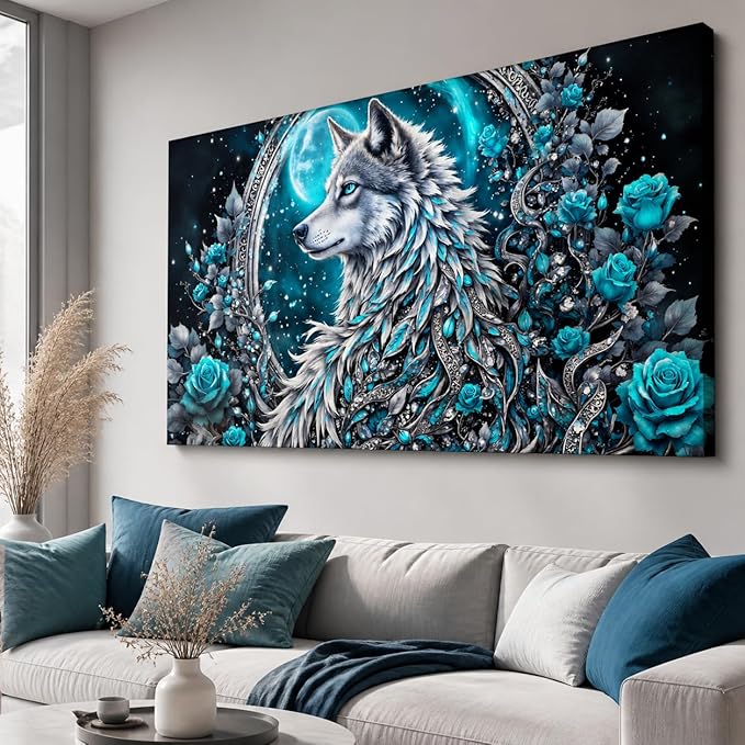 Wolf and Rose Modern Canvas Wall Art – Large Framed 100x50cm Ready to Hang Artwork