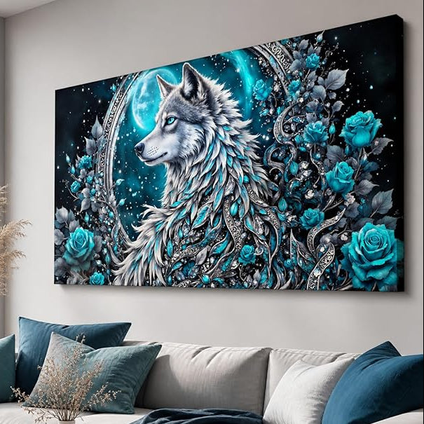 Wolf and Rose Modern Canvas Wall Art – Large Framed 100x50cm Ready to Hang Artwork