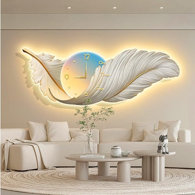 Large Feather Wall Hanging Decor with LED Light & Clock – Boho Plume Wall Sculpture