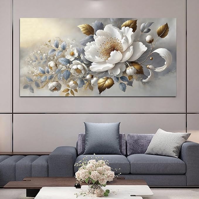 White Floral Canvas Flower Wall Art – Large 20x40 Inch Contemporary Print