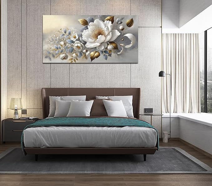 White Floral Canvas Flower Wall Art – Large 20x40 Inch Contemporary Print