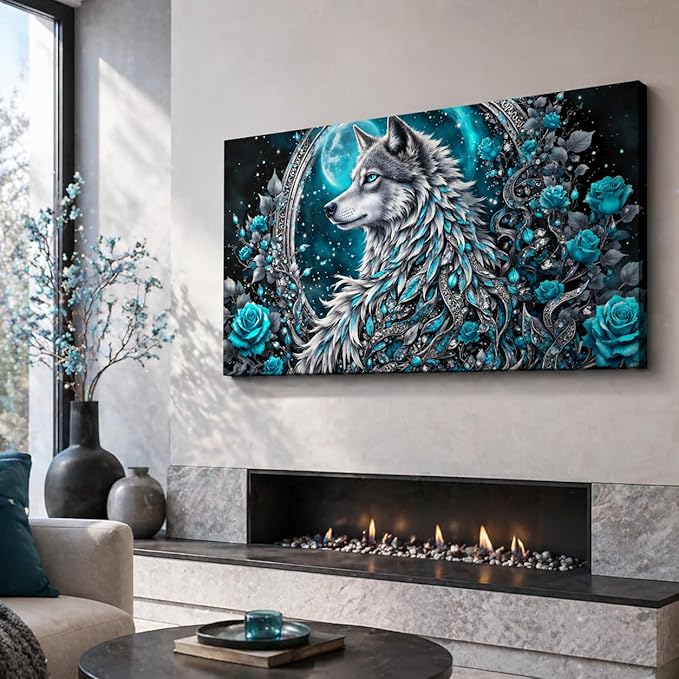 Wolf and Rose Modern Canvas Wall Art – Large Framed 100x50cm Ready to Hang Artwork