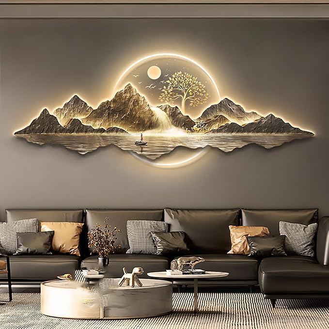Large 3D Handmade Wall Sculpture with LED Light – Traditional Chinese Pine Wall Art