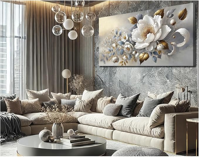 White Floral Canvas Flower Wall Art – Large 20x40 Inch Contemporary Print