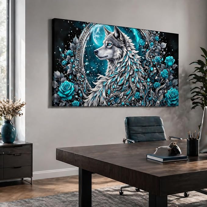 Wolf and Rose Modern Canvas Wall Art – Large Framed 100x50cm Ready to Hang Artwork