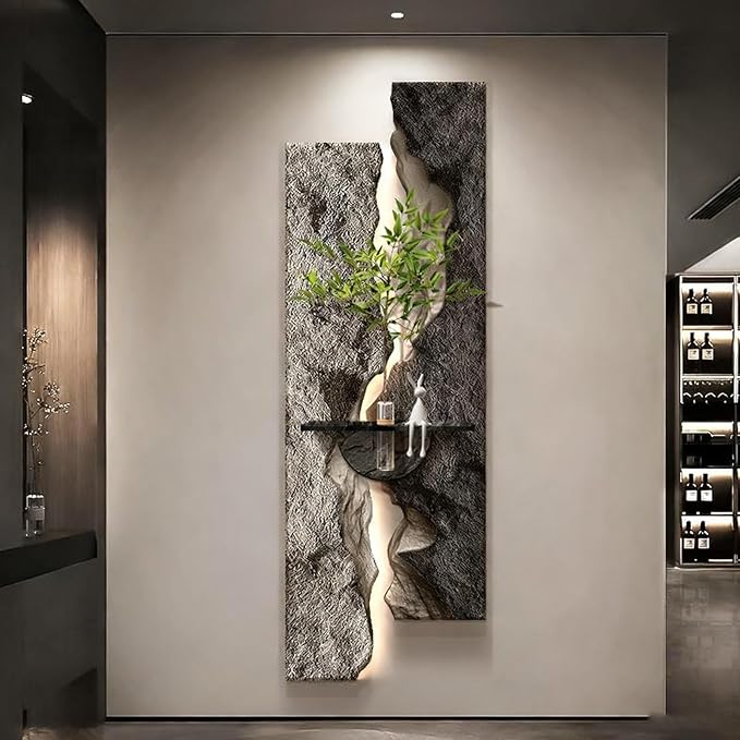 3D Sandstone Wall Art Sculpture with LED Light & Hydroponic Greenery – Textural Hanging Decor