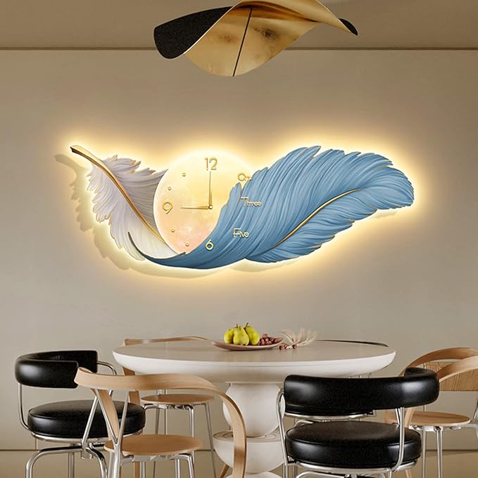 Large Feather Wall Hanging Decor with LED Light & Clock – Boho Plume Wall Sculpture