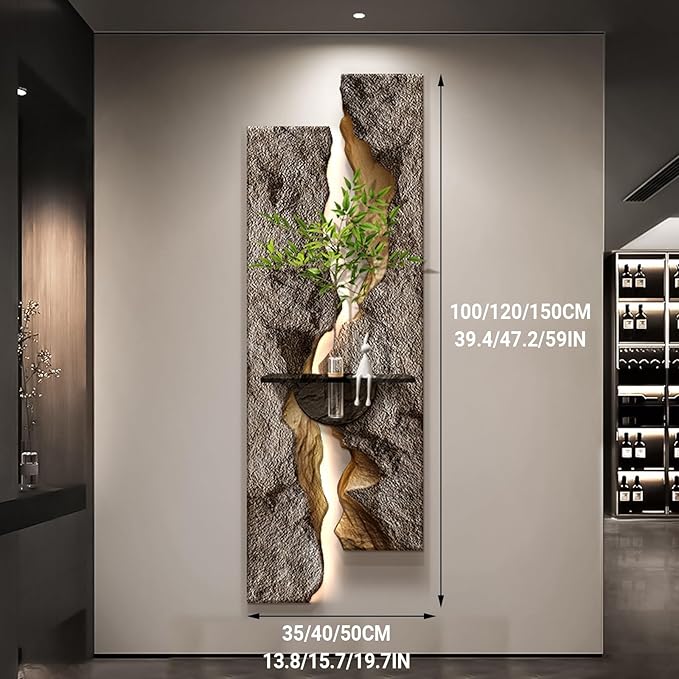 3D Sandstone Wall Art Sculpture with LED Light & Hydroponic Greenery – Textural Hanging Decor