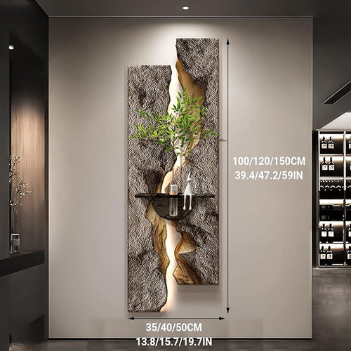 3D Sandstone Wall Art Sculpture with LED Light & Hydroponic Greenery – Textural Hanging Decor
