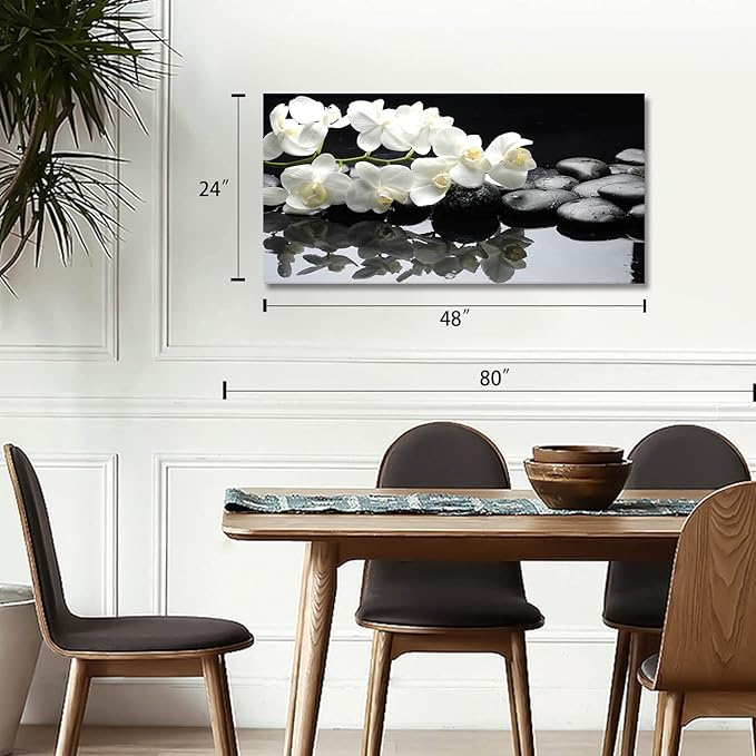 Black and White Orchid Flower Canvas Wall Art – Modern Large Framed 24x48 Inch Artwork