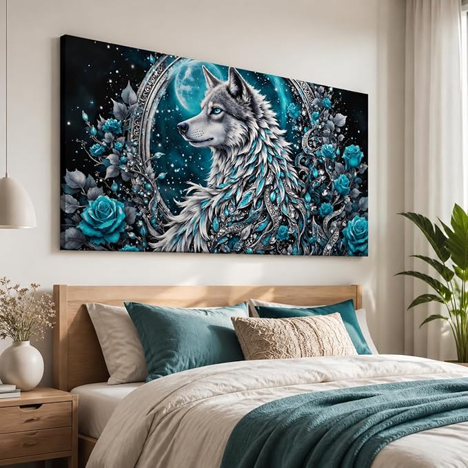 Wolf and Rose Modern Canvas Wall Art – Large Framed 100x50cm Ready to Hang Artwork