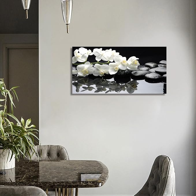 Black and White Orchid Flower Canvas Wall Art – Modern Large Framed 24x48 Inch Artwork