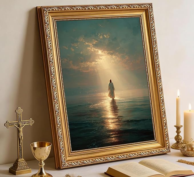 Vintage Gold Framed Jesus Walking on Water Wall Art – Divine Light Modern Religious Print