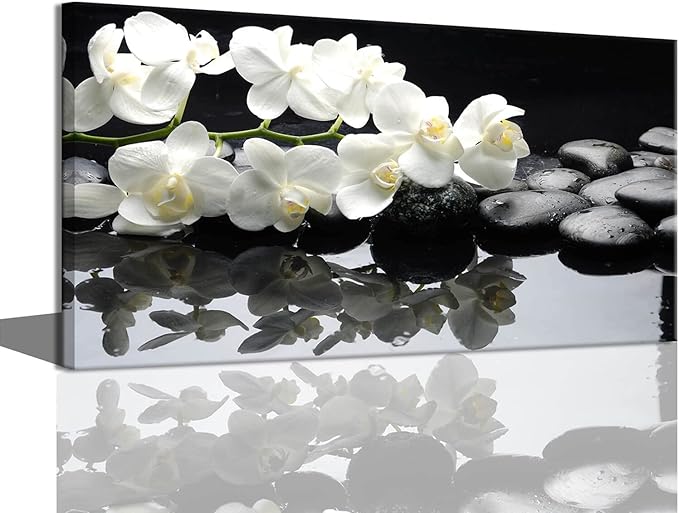 Black and White Orchid Flower Canvas Wall Art – Modern Large Framed 24x48 Inch Artwork
