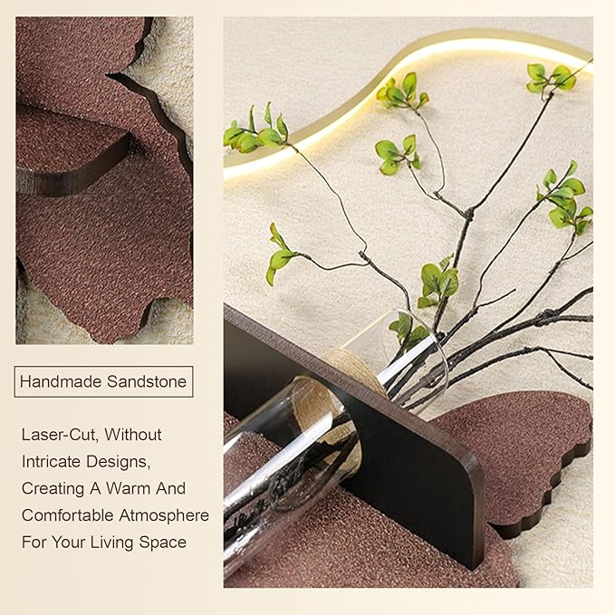 3D Sandstone Wall Art Painting with LED & Simulation Green Plant – Textural Sculpture Hanging Decor