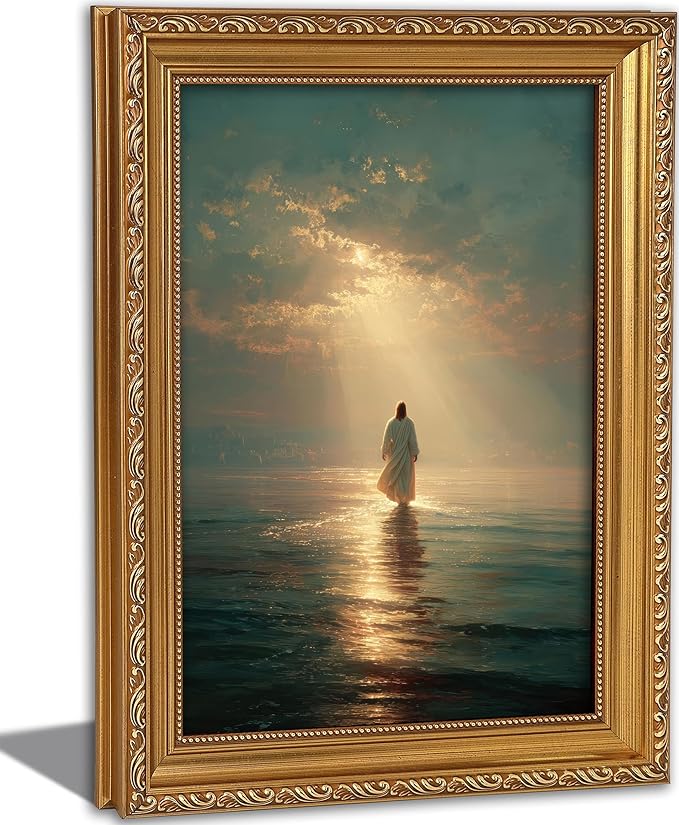 Vintage Gold Framed Jesus Walking on Water Wall Art – Divine Light Modern Religious Print